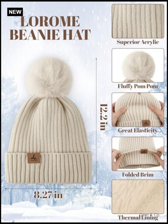 Winter Hat Scarf Gloves Set, Knitted Pompom Beanie, Touchscreen Gloves, Warm